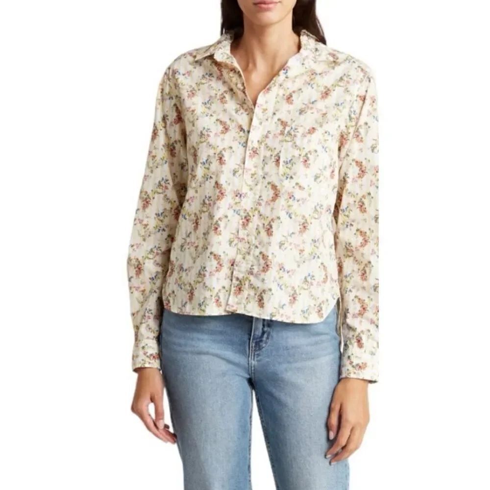 Frank & Eileen Silvio Floral Stripe Button-Up Shirt in Yellow Stripe NWOT Size X